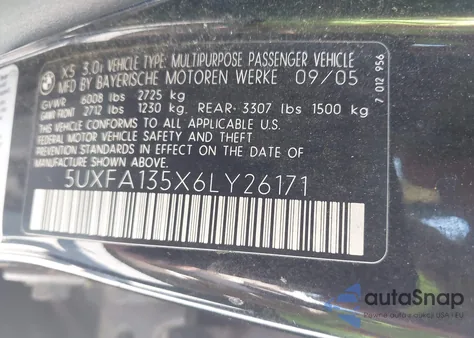 2006 BMW X5 3.0I z USA, uszkodzony, nr VIN 5UXFA135X6LY26171